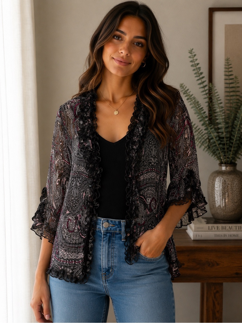 new directions Black and Pink Paisley Ruffle V-Neck Blouse